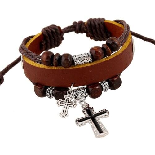 New Fashion Multilayer Retro Rope Alloy Cross Charm Women Beaded Men Leather Bracelets Bangle Female Jewelry Accessories