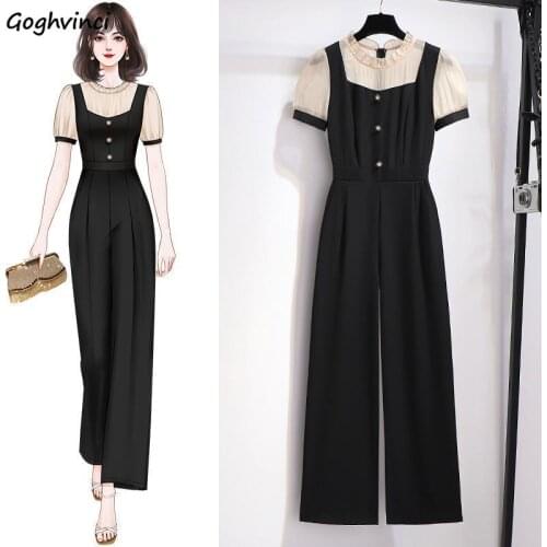 Jumpsuits Women Short Sleeve Overalls Long Straight Wide-leg Bottoms Fashion Summer Korean Style Patchwork High Waist Chic Daily