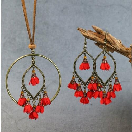 Summer Tassel Flower Pink Earring Necklace Set 2021 Womens Bohemian Ethnic Handmade Earrings Necklace Set party