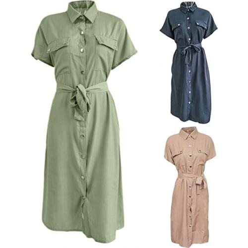 Summer Women Midi Dress Single-breasted with Belt Solid Color Short Sleeve Comfortable Pockets Shirt Buttons Dress