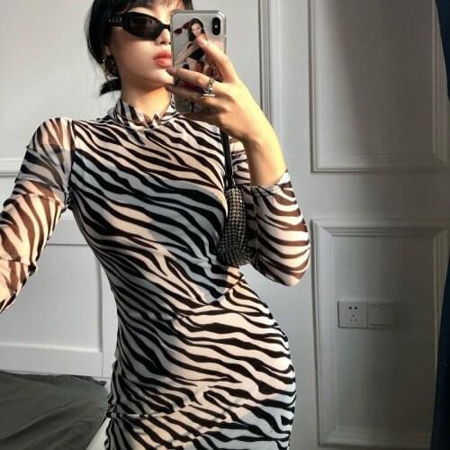 Zebra Striped Print Sexy Long Sleeve Women Dress Mesh O Neck Irregular Dresses Elegant Seethrough Summer Dress Vestidos 2021