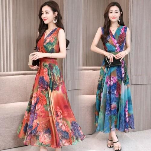 2021 New Vintage Elegant Womens Party Beach Zipper V-Neck Colors Floral Print Sleeveless S-3xlSexy Female Summer Vestidos Dress