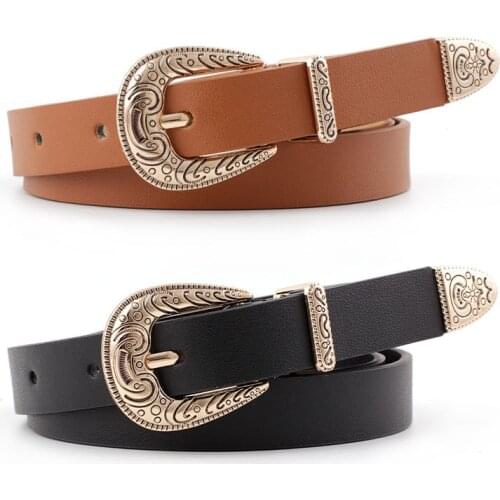 1.8cm Width Luxury Belt for Women Goth Retro Style Fashion Casual Student Belt Pu Leather Metal Buckle with Carved Patterns