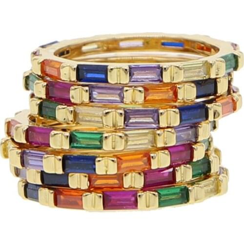 1pcs 2019 new arrived cz jewelry Gold filled paved multi color rainbow cz baguette stack ring for women party wedding gifts