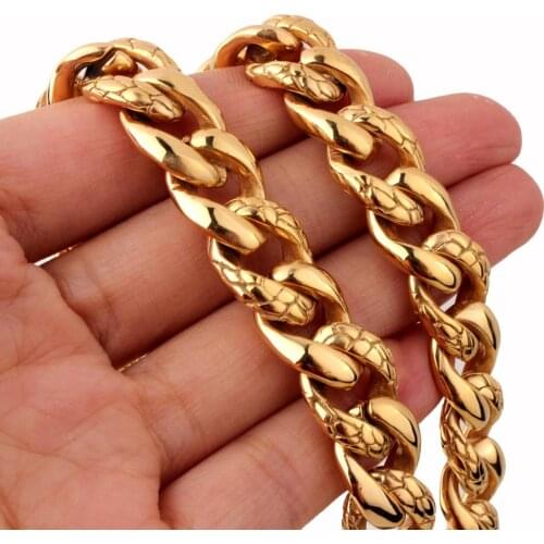 14mm Top Design Cool Gold Stainless Steel Cuban Curb Chain Carved Pattern Punk Vintage Jewelry Mens Womens Bracelet Or Necklace