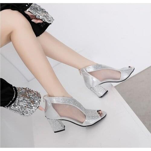 Peep Toe Mesh Bling Square Heel High heels Sandals woman 2019 summer shoes woman Elegant mother shoes Rhinestone female shoes