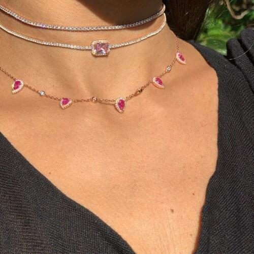 New Fashion Boho tear drop cz link chain Beaded Pink rose gold color Necklaces high quality AAA cz stone Necklace For girl gift