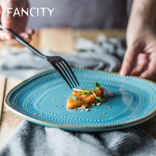 FANCITY American creative ceramic tableware fresh blue embossed Mori female plate western food plate dessert plate square plate