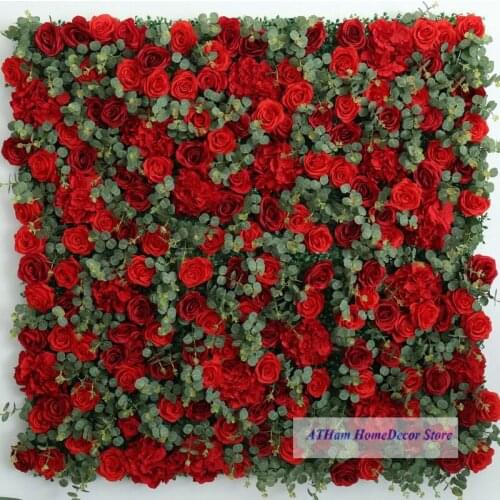 Glamorous Red Rose Silk Flower Panels Artificial Flower & Green leaves 3D WallWedding Photo Backgdrop Party Home Wall Decor