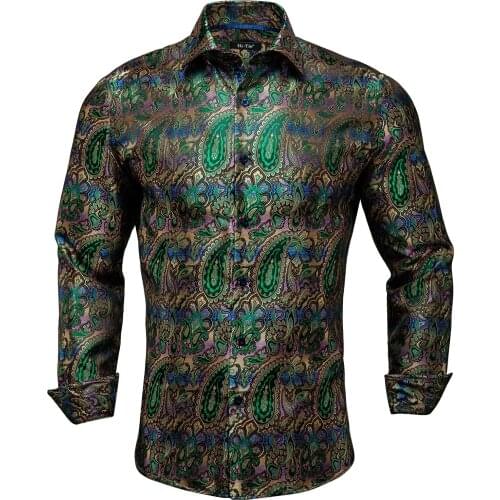 Hi-Tie Green Purple Silk Mens Shirts Paisley Floral Long Sleeve Casual Shirt For Men Jacquard Male Business Party Wedding Dress