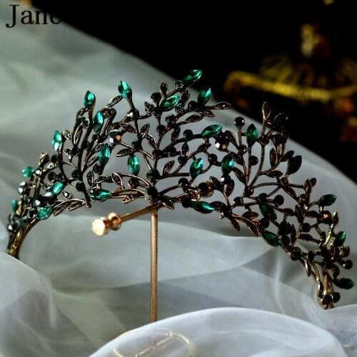 JaneVini Green Rhinestone Bronzed Bridal Tiaras Beaded Headbands for Women Rhinestones Crystal Wedding Hair Jewelry Ornaments