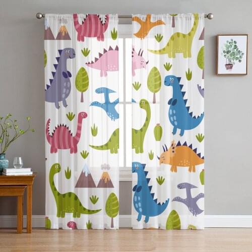 Kawaii Dinosaur Cartoon Print Sheer Window Panel Curtains Room for Living Room Bedroom Kitchen Room Chiffon Tulle Curtains