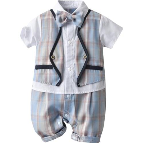 Baby Newborn Rompers Boys Short-sleeve Clothes Plaid Vest Gentleman Jumpsuit 6-24 Months Boy Costume First Birthday Gift Party