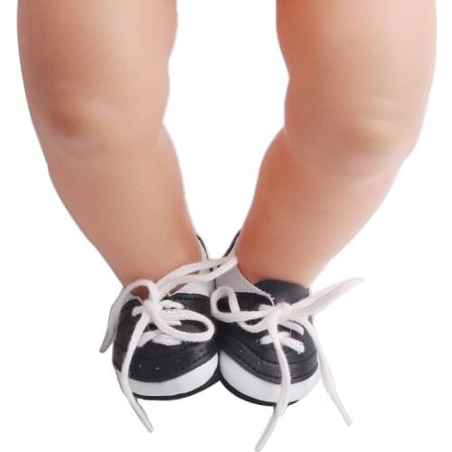 43 Cm Boy American Dolls Shoes PU Fashion Black White Shoes Lace Sneakers Born Baby Toy Accessories 18 Inch Girls Gift G1