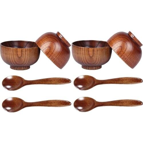 Wood Spoons Bowl Set,Wooden Flatware Tableware Cutlery Soup Rice Bowls Serving Tableware for Eating,Rice,Soup