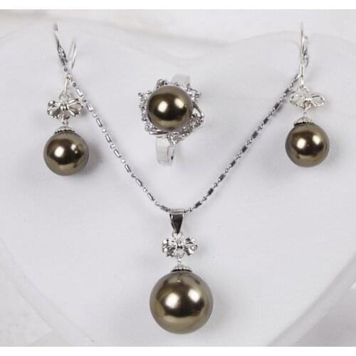 New hot South Sea Brown Shell Pearl Ring Earrings Pendant Necklace Set
