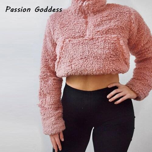 Autumn Kawaii Womens Cute Plush Sweatshirts Cashmere Long Sleeve Pocket Loose Pink Hoodies Pullover Sweatshirts Fuzzy Outfits