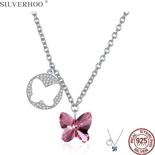 SILVERHOO 925 Sterling Silver Women Necklace Austria Crystal Double Butterflies Pendants Chain Fine Jewelry Necklaces Wholesale