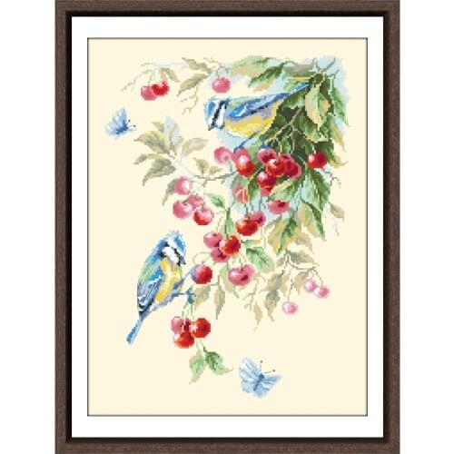 Tits and cherry cross stitch package 18ct 14ct light yellow cloth cotton thread embroidery handmade needlework