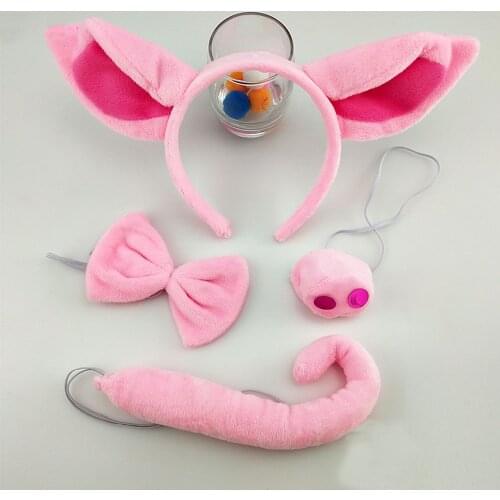 Pig Costume Accessories Set - Halloween Easter Party Decorations Supplies Costumes Pink Pig Ears Headband Tail Nose Bow Tie