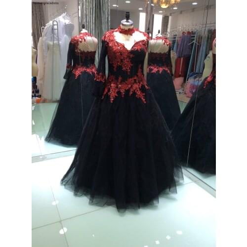 Victorian Gothic Masquerade Wedding Dress Black And Red Dress Formal Event Gown Plus Size Custom Made