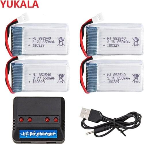 YUKALA 5pcs 3.7V 650mAh Drone Rechargeable Li-polymer Battery 802540 + USB Charger set For X5C X5C-1 X5 H5C Quadcopte
