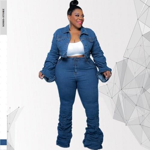 Plus Size Womens Clothing Denim Two Piece Sets Fashion Lapel Coat Pile of Pants Street Wear Sexy Outfit Wholesale Dropshipping