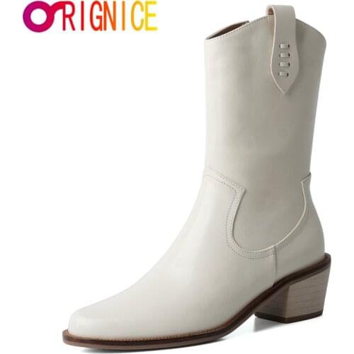 Orignice New Gneuine Leather Women Western Mid-Calf Boots Mid Block Heel Autumn Round Toe Zip Party Dress Shoes Big Size 34-43