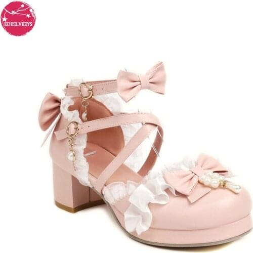 Women Lace Sandals Summer Pearl Sandals Lolita Shoes String Bead Sweet Cute Square Heel Round Toe Girls Cosplay Party Daily Wear