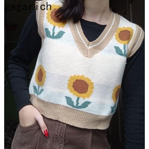 Gagarich Women Sweater Korean Style Casual Vest Autumn 2020 New Jacquard Sleeveless V-neck Pullover Sunflowers Knitted Fashion