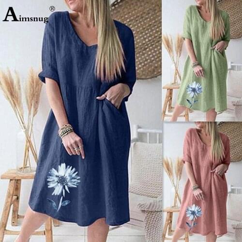 Plus size 4xl 5xl Women Linen Chic Dress Spliced Pockets Flower Print Party Dresses Ladies Bohemian Casual Loose Dress Femme