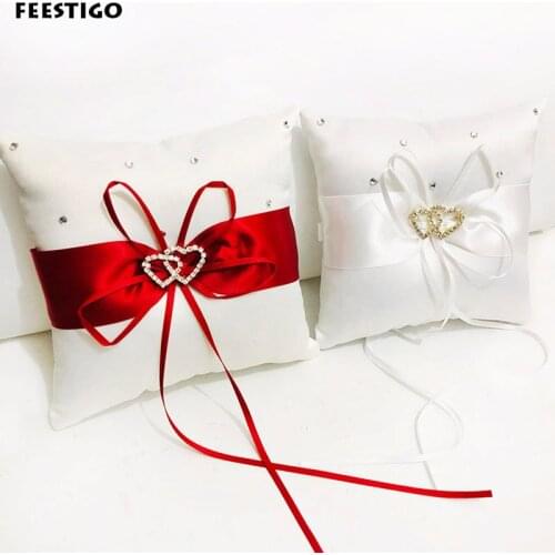 1 PCS Ribbon Bowknot Double Heart Ring Pillow Cushion Red FEESTIGO Wedding Decoration Satin Cushion White Wedding Party Supplies