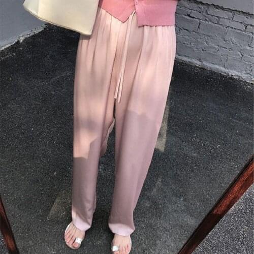 2021 New Acetate Chiffon Slide Pants Womens Summer Air Feeling Drop Feeling Drawstring Casual Pants Thin Pants
