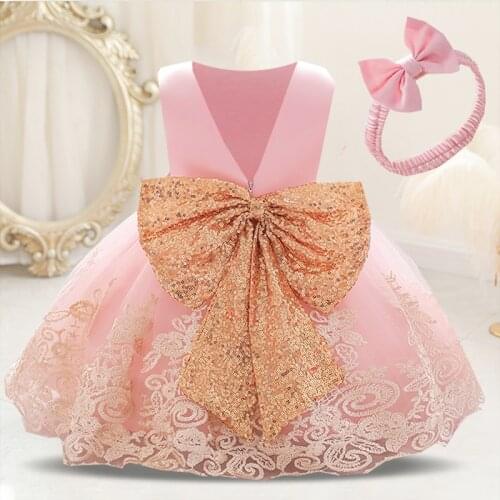 2021 Pageant Ceremony Child Baptism 2 1 Year Birthday Dress For Baby Girl Clothing Princess Dresses Party Dress Gold Bow Toddler