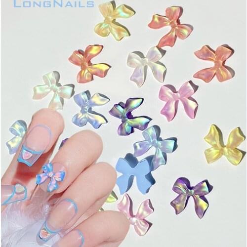 50Pcs Fairy Ribbon Bow Polychrome Mocha Aurora 11*11mm Flatback Colorful Bow-Knot Decors 3D Japanese Nail Arts Resin Bow Tie 054