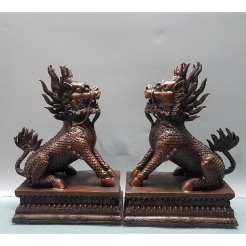 10" Chinese Seikos Bronze Wangcai Unicorn statue A pair qili Dragon head lion Gatekeeper lion Town House Ward off evil spirits