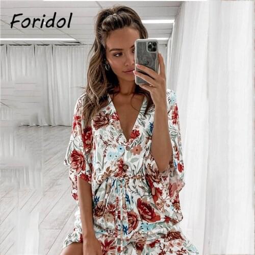 Foridol Wide Leg Floral Print Summer Boho Rompers Overalls Women V Neck Batwing Sleeve Button Casual Loose Playsuits Beach 2021