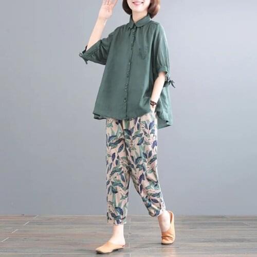 Summer Women Set 2021 Loose Large Size Short Sleeve Cotton Tops + Print Cropped Pants Two Piece Sets Womens Outfits Pants Suit