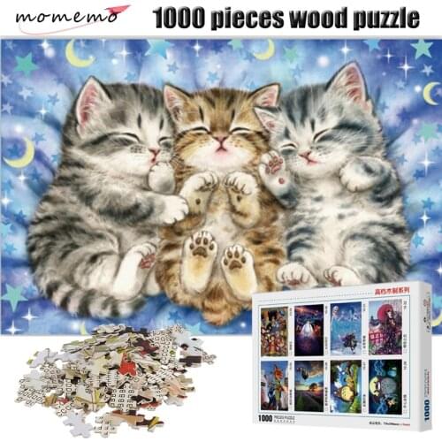 MOMEMO Cute Sleeping Cat Figure 1000 Pieces Wooden Puzzle Entertainment Jigsaw Puzzle for Adult Assembling Toys Kids Gifts