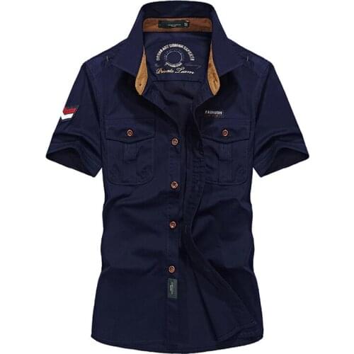 Mens Military Shirt Short Sleeved Outdoor Bomber Cotton Shirts Embroidered Armband Double Pockets Clothing EU Size M-3XL