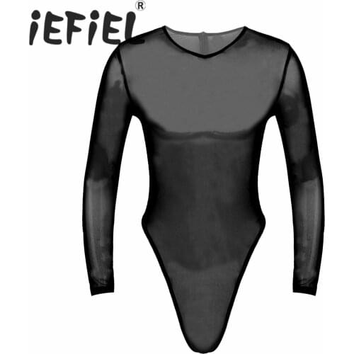 Male Mens See-Through Exotic Teddies Mesh Bodysuit Sleepwear Long Sleeve High-Cut Thongs Back Zipper Leotard Slim Fit Jumpsuit
