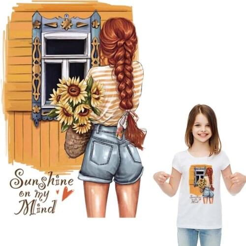 Patch For Clothing Flower Girl Easy Print By Household Irons T-Shirt Diy Decoration A-Level Washable Fabric Patches Sunflower