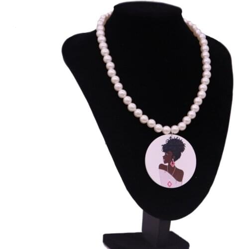 Natural Wooden Printed European African Black Girl Women Pearl Statement Necklace Girl Magic Rock Ethnic Souvenir Jewelry