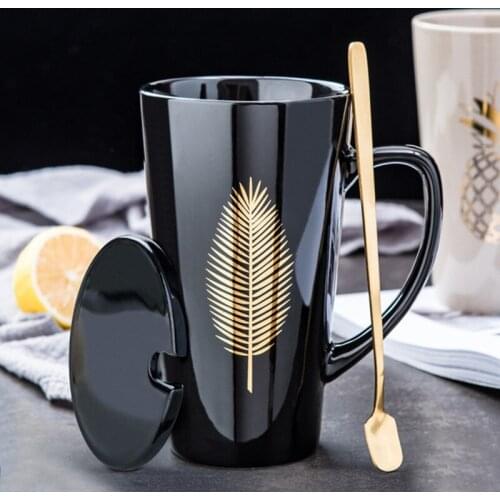 New Gold Leaf Ceramic Mug Office Coffee Mug Set Milk Tea Cups Creative Palm Heart Pineapple Breakfast Home Drinkware Kids Gift
