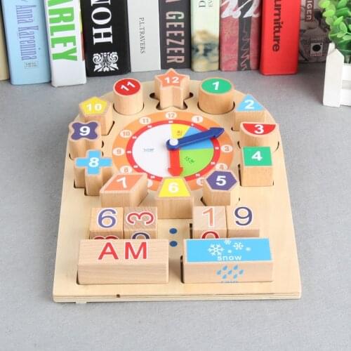 Educational Toy Baby Wooden Toys Numbers Clock Weather Recognition Toy Digital Geometry Cognitive Matching Clock Puzzle Toys
