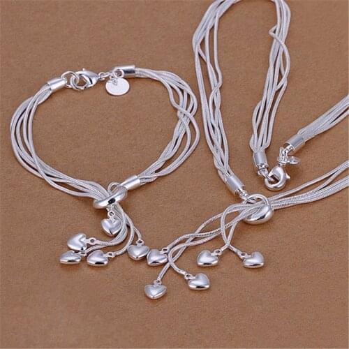 Charm 925 Sterling Silver Bracelets necklace Jewelry set for Women Fashion Party Gift Girl student tassels hanging heart wedding
