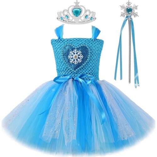 Blue Snow Queen Dress for Girls Cosplay Costume Halloween Kids Clothes Princess Elsa Dresses Fluffy Tutus with Crown Magic Stick