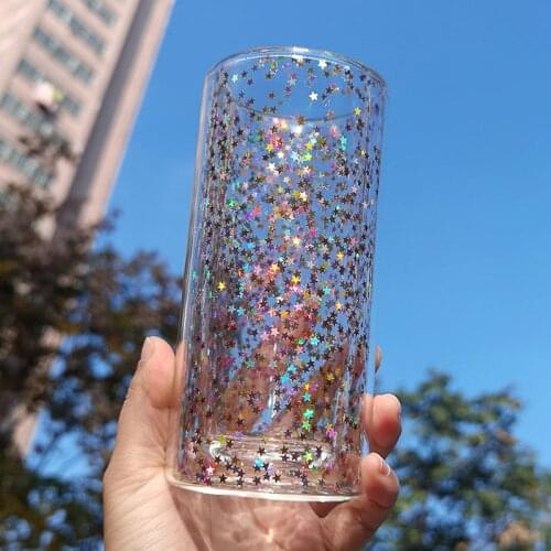 Girl Heart Ambilight Stars Starlight Glitter Double-layer Insulation Anti-scalding Bright Starry Double-layer Glass Coffee Cup
