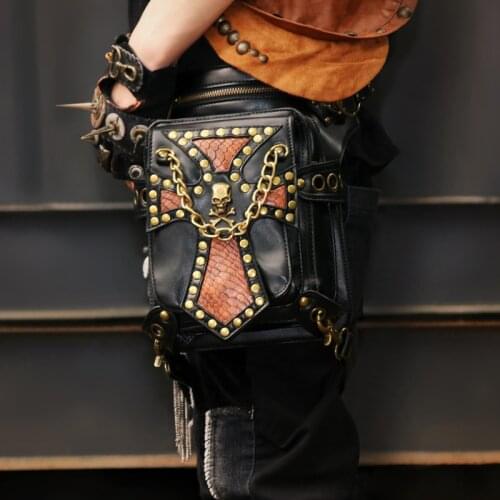 GearDuke Gothic Skull Bag Men Women Unisex Fanny Packs Crossbody Fashion Retro Rock Motorcycle Leg Bag Leather Rivet Waist Bags