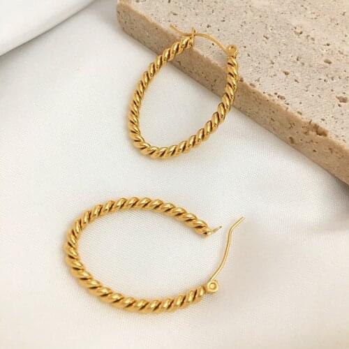 Monlansher Vintage Geometric Oval Twist Hoop Earrings Gold Color Titanium Steel Earrings for Women Minimalist Earrings Jewelry